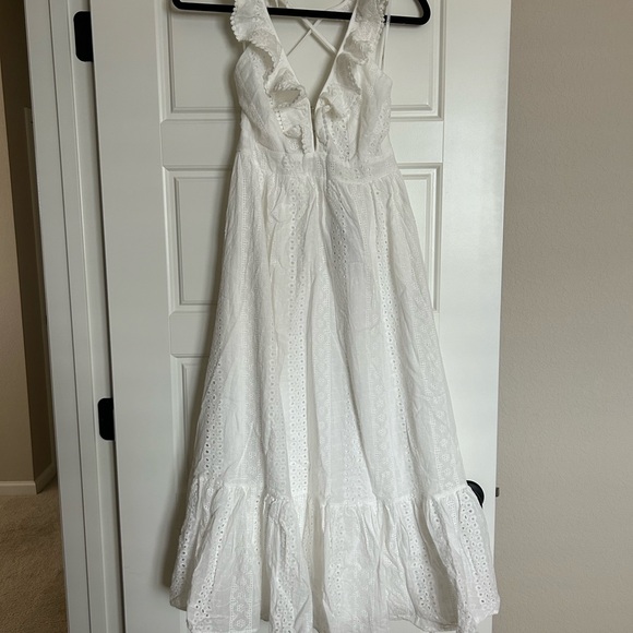Lulu’s Sicilian Sun White Eyelet Embroidered Ruffled Lace-Up Midi Dress - Picture 3 of 5